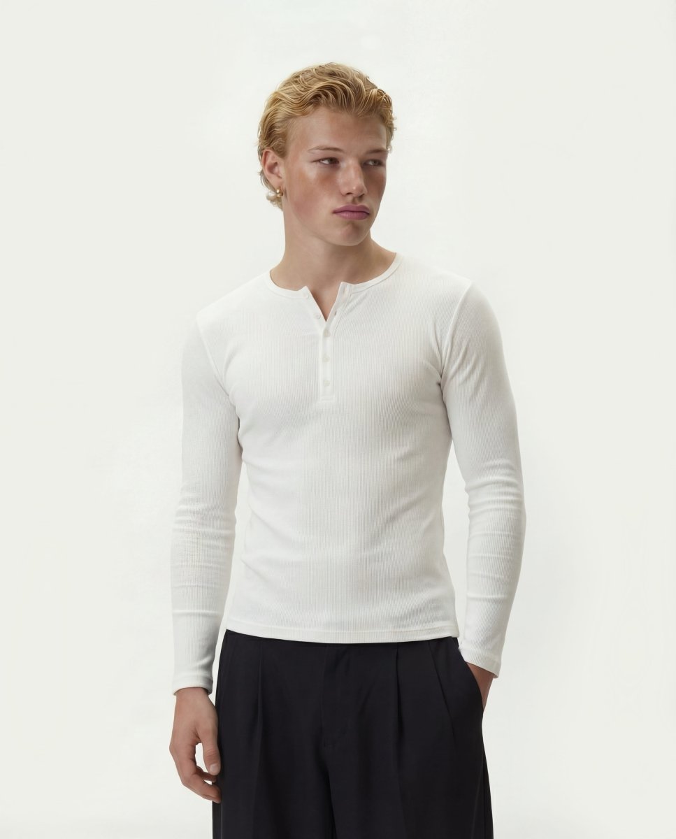 White Fine Rib Henley