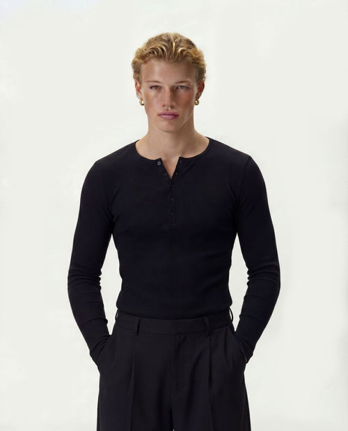 Black Fine Rib Henley