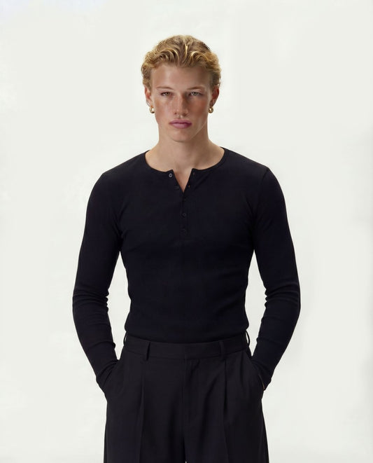 Black Fine Rib Henley